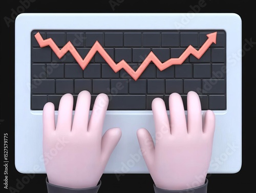 Hands typing on a keyboard with a fluctuating graph display.