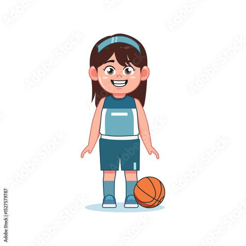 Cute Little Girl Cartoon Playing Basketball Stand and Smile