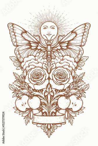 tattoo illustration of Ornate vintage design of sun-faced moth, roses, fruits, and floral elements.