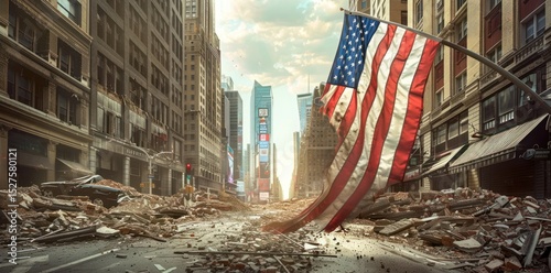 American flag waving in the wind in an abandoned street