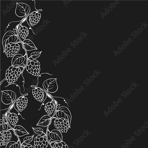 Vector common hop frame, logo, template on black background. Graphic ink, eco, organic Humulus lupulus branch with leaves and cones illustration isolated on background. Hand drawn line sketch. For