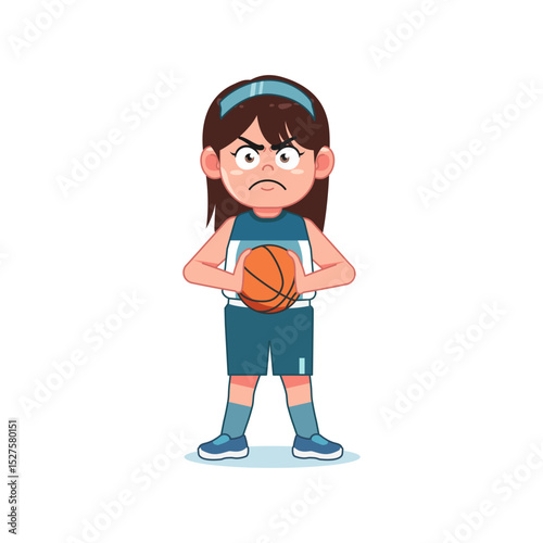 Cute Little Girl Cartoon Playing Basketball Guard Ball