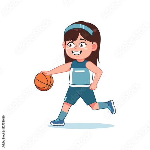 Cute Little Girl Cartoon Playing Basketball Run Dribbling Fast
