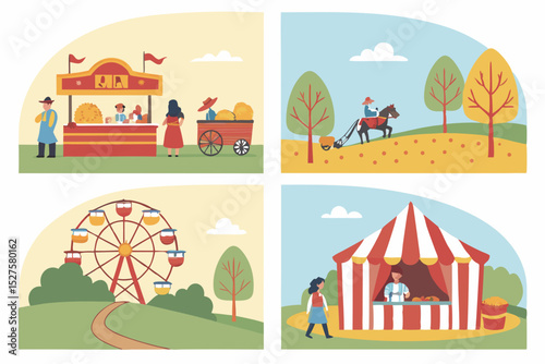Autumn county fair scenes food stalls rides and activities