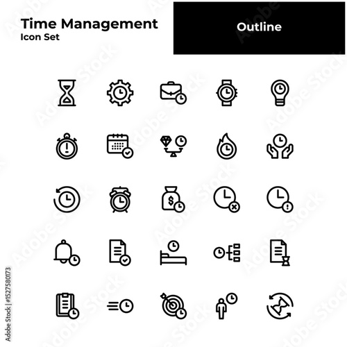 Time management outline icon set, Time management black line icon set.