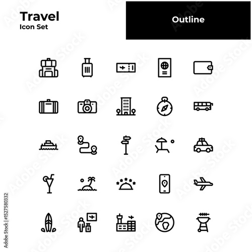 Travel outline icon set, Vacation black line icon set.