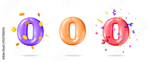 Collection of 3d number zero isolated on white. Orange, purple, and red zeros with coins and confetti.