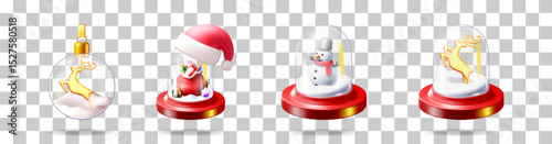 3D vector illustration set of Christmas snow globe decorations with deer, snowman, and Santa bag for holiday design.
