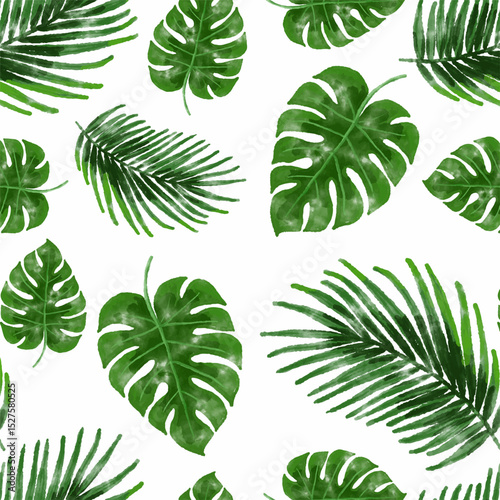 Seamless Green Tropical Leaves Pattern on a White Background