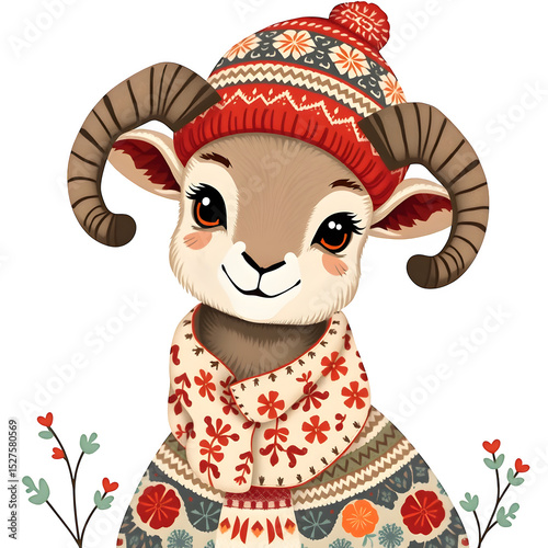 Scandinavian christmas mouflon with folk style.