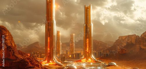 City in the desert, with towering structures