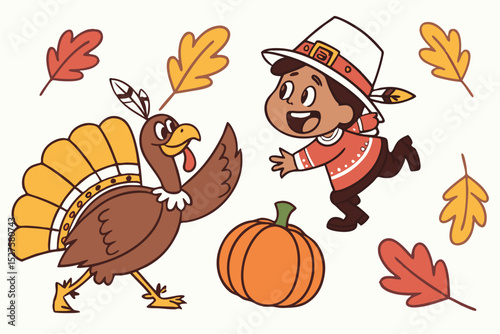 Happy thanksgiving cartoon illustration with turkey and child
