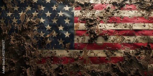 Vintage American flag covered in mud texture