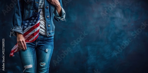 Woman in jeans and denim holding American flag