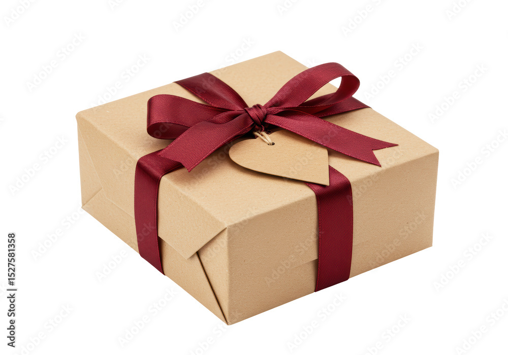 Obraz premium Isolated Small Brown Gift Box with Burgundy Ribbon and Heart Tag