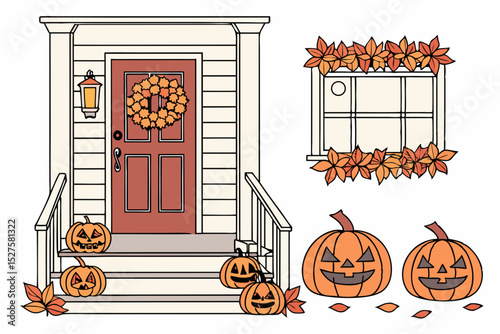 Autumnal halloween house porch decoration