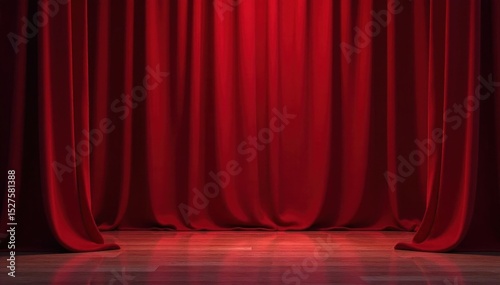 Deep red velvet curtain sweeps back, revealing bare stage, reveal, light
