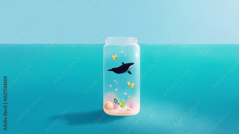Obraz premium Creative underwater scene in a jar with a small shark and colorful butterflies