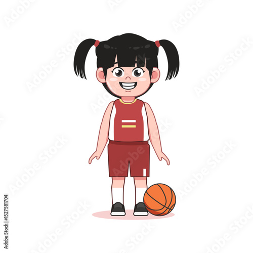 Chinese Cute Little Girl Cartoon Playing Basketball Stand and Smile