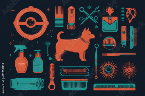 Illustration of dog grooming tools and a dog in orange and teal on a dark background art created with generated ai