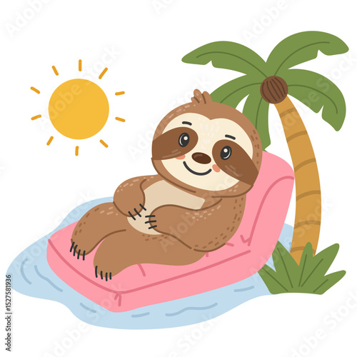  Sloth on pink pool float under sun. Palm trees and water. For summer designs and kids content.