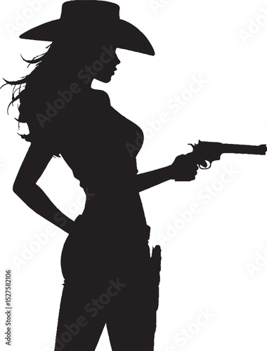 Silhouette of a beautiful woman holding a gun wearing a cowboy hat ready for action