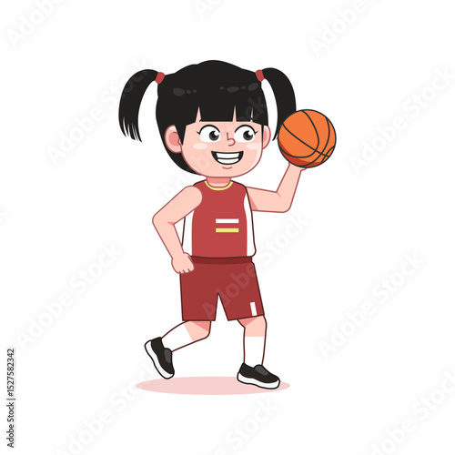 Chinese Cute Little Girl Cartoon Playing Basketball Passing Ball