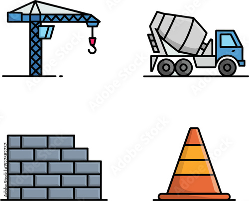 Construction site materials icons. Crane, mixer truck, brick wall and warning cone visuals for building zones  