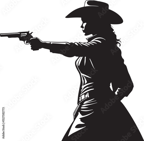 Silhouette of a cowgirl holding a revolver in a classic western style black and white