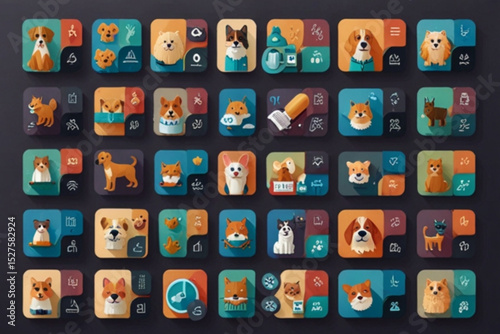 Collection of dog icons with various breeds and styles in a grid arrangement on a dark background created with generated ai