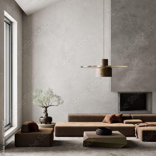 Modern minimalist living room with sculptural lighting and earthy tones. 3D illustration