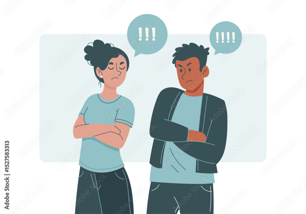 Conflit entre deux adolescents – Illustration minimaliste moderne d’un duo multiethnique en colère, bras croisés, bulles de dispute et tension émotionnelle