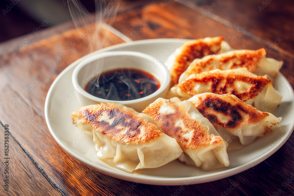 Fototapeta premium japanese gyoza dumplings on plate top view