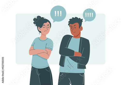 Conflit entre deux adolescents – Illustration minimaliste moderne d’un duo multiethnique en colère, bras croisés, bulles de dispute et tension émotionnelle