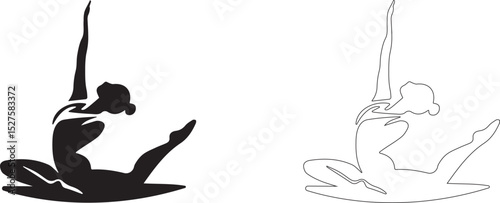 Girl in a beautiful pose sits on the carpet with her hand raised up.Vector silhouette of a choreographic element.
