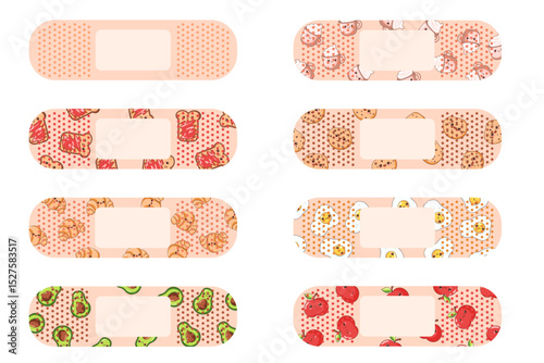 Kawaii Food Plasters Set. Adhesive Bandages And Medical Dressings. First Aid, Wound Healing And Protection. Vector Illustrations