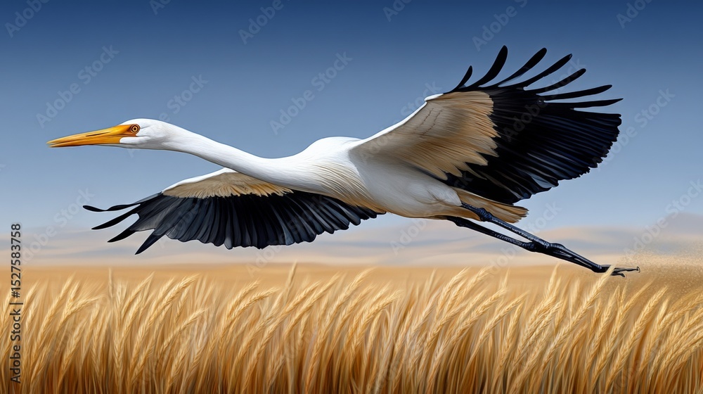 Fototapeta premium A majestic heron flying over a golden wheat field under a clear blue sky