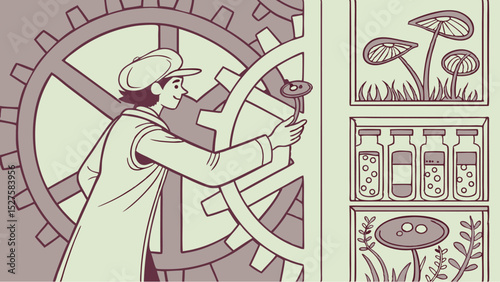 Illustration of a scientist interacting with gears next to shelves containing mushrooms and vials