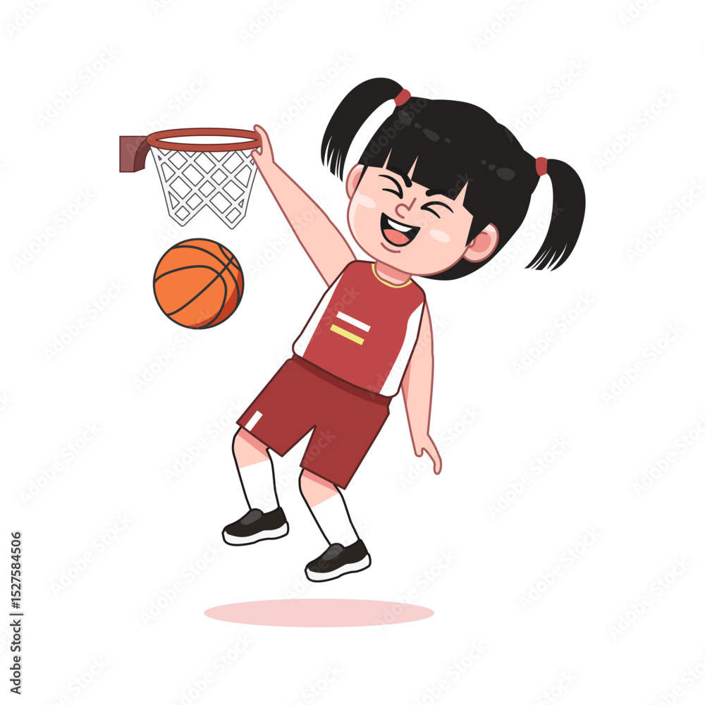 Fototapeta premium Chinese Happy Cute Kid Girl Play Basketball Slam Dunk Jump