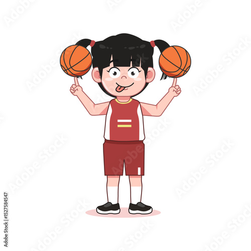 Chinese Happy Cute Kid Girl Play Basketball Spinning Ball Skill