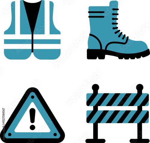 Safety gear and barriers. Work boots with alert symbol, barricades, and caution zone visuals for job sites  