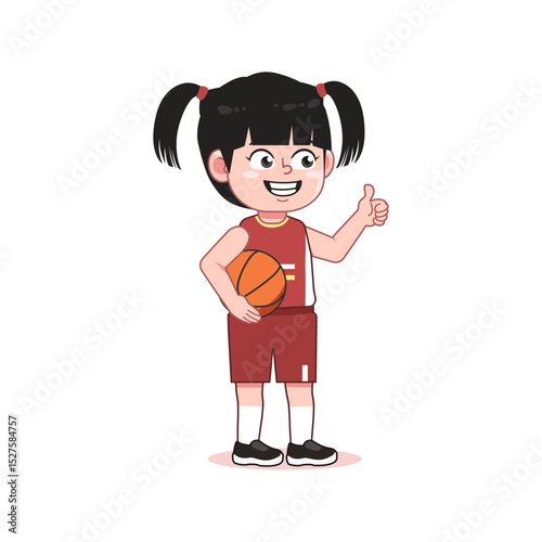 Chinese Cartoon cute little Girl playing basketball Thumb Up Team