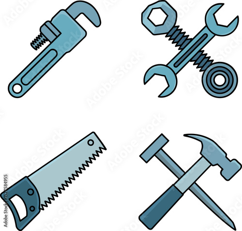 Workshop hand tool icons. Pipe wrench, circular saw, gears and hammer for carpentry and machine repair tasks  
