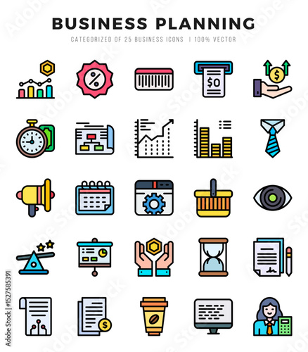 Vector icons set of Business Planning. Lineal Color style Icons.