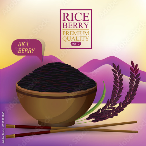 Rice berry. Rice Bowl and chopstick. Vector illustration.