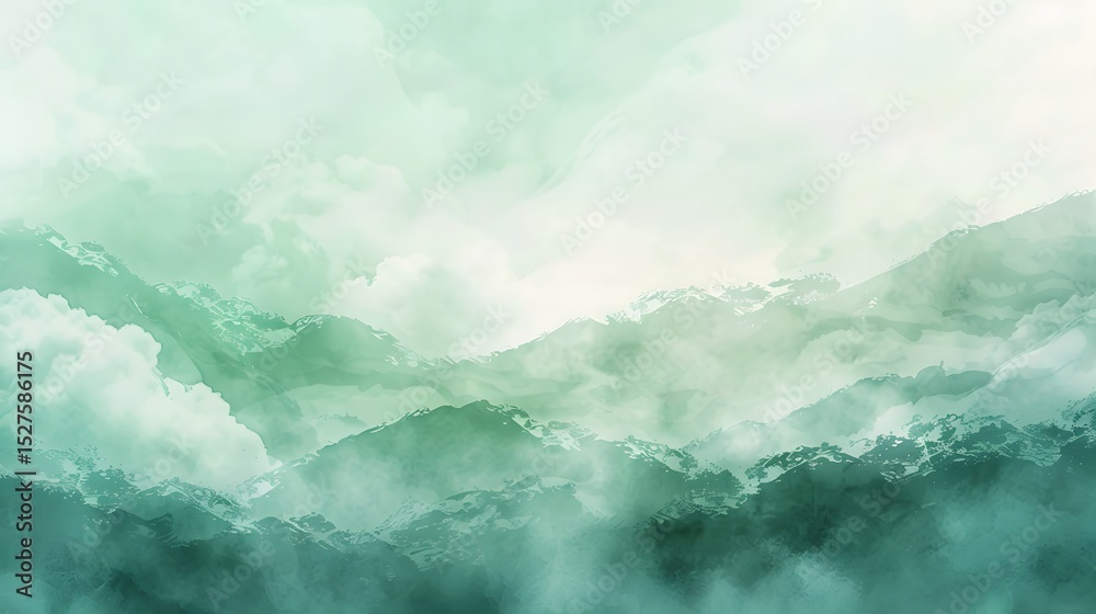 Fototapeta premium Tranquil Green Watercolor Mountain Range Background