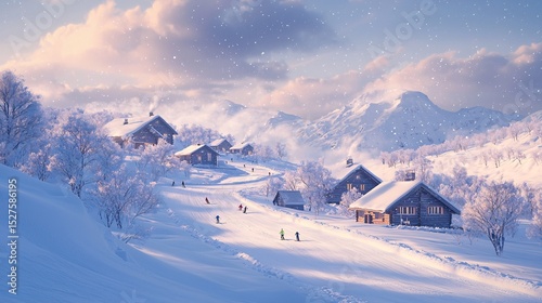 Village under the snowy mountains