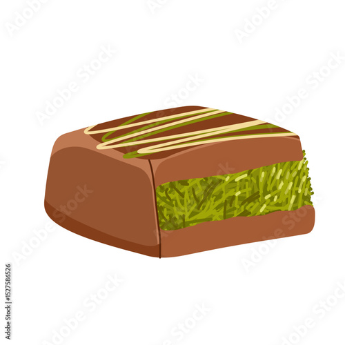 Vector illustration of Dubai chocolate candy with pistachio paste and kataifi dough. Hand drawn sweets with milk chocolate and pistachio kernel for packaging, menu, catalog spreads, product cards