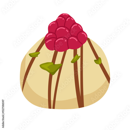 White chocolate raspberry candy. Hamemade dessert with green pistachio and pink raspberry flavor. Vector illustration of treats for food packaging, menus, posters, blogs, recipe books