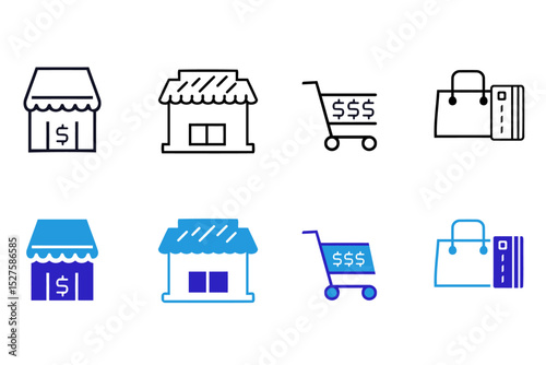 Store or shop solid line icon set. Shopping cart, Franchise, brand, consumer, trade mark, market, retail,   catering market, distribution, credit card symbols collection. Editable vector illustration